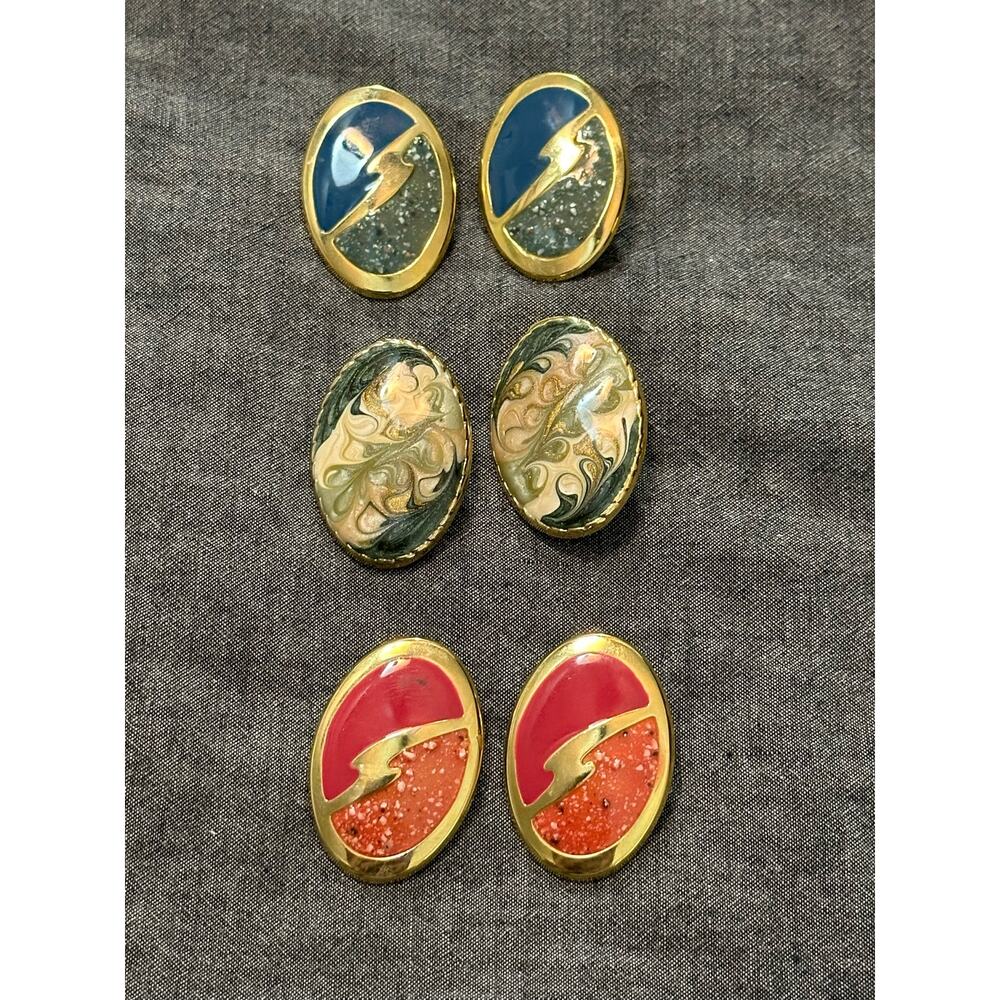 Fashion earrings clip-on gold tone and multicolored light weight 3 pair